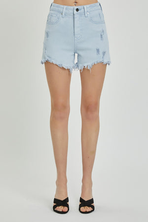 RISEN Full Size High Rise Distressed Detail Denim Shorts-Teresa's Fashionista LLC
