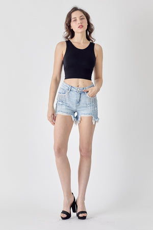 RISEN Frayed Hem Denim Shorts with Fringe Detail Pockets-Teresa's Fashionista LLC