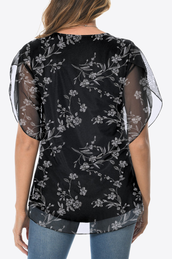 Printed Round Neck Curved Hem Blouse-Teresa's Fashionista LLC