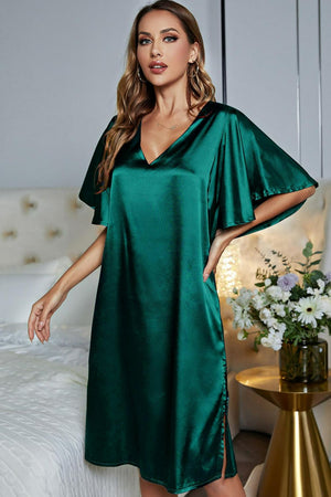 Satin Flutter Sleeve Side Slit V-Neck Night Dress-Teresa's Fashionista LLC