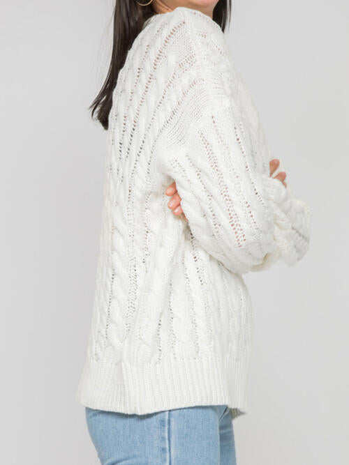 Openwork Round Sleeve Cable-Knit Sweater-Teresa's Fashionista LLC