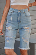 Distressed Raw Hem Denim Bermuda Shorts-Teresa's Fashionista LLC