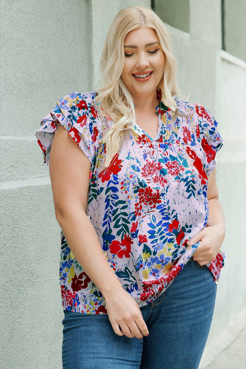 Plus Size Floral Smocked Flutter Sleeve Blouse-Teresa's Fashionista LLC
