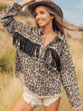 Leopard Fringe Detail Collared Neck Denim Jacket-Teresa's Fashionista LLC