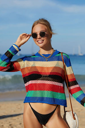 Rainbow Stripe Openwork Long Sleeve Cover-Up-Teresa's Fashionista LLC