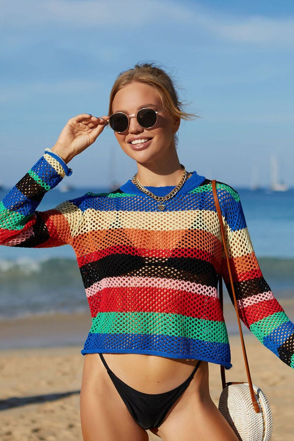 Rainbow Stripe Openwork Long Sleeve Cover-Up-Teresa's Fashionista LLC