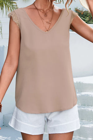 Lace Detail Eyelash Trim V-Neck Tank-Teresa's Fashionista LLC