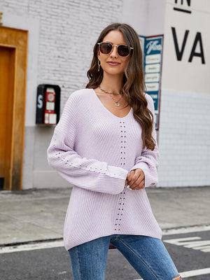 Openwork Dropped Shoulder Long Sleeve Sweater-Teresa's Fashionista LLC