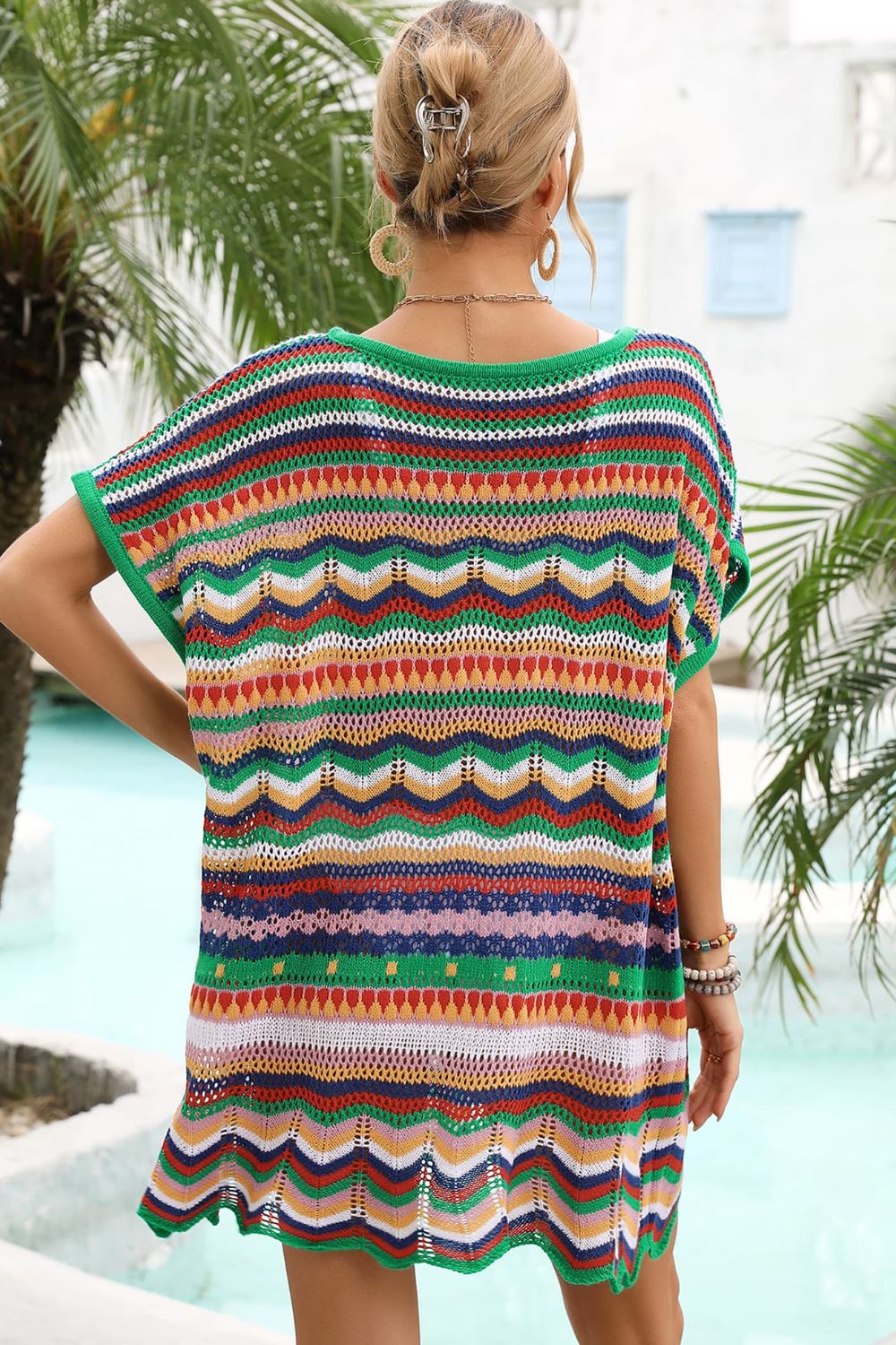 Rainbow Stripe Scalloped V-Neck Cover-Up Dress-Teresa's Fashionista LLC