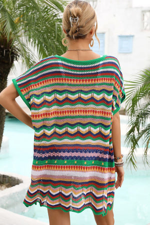 Rainbow Stripe Scalloped V-Neck Cover-Up Dress-Teresa's Fashionista LLC