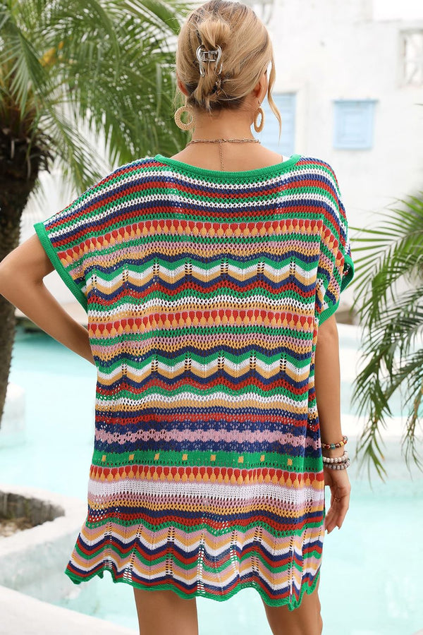 Rainbow Stripe Scalloped V-Neck Cover-Up Dress-Teresa's Fashionista LLC