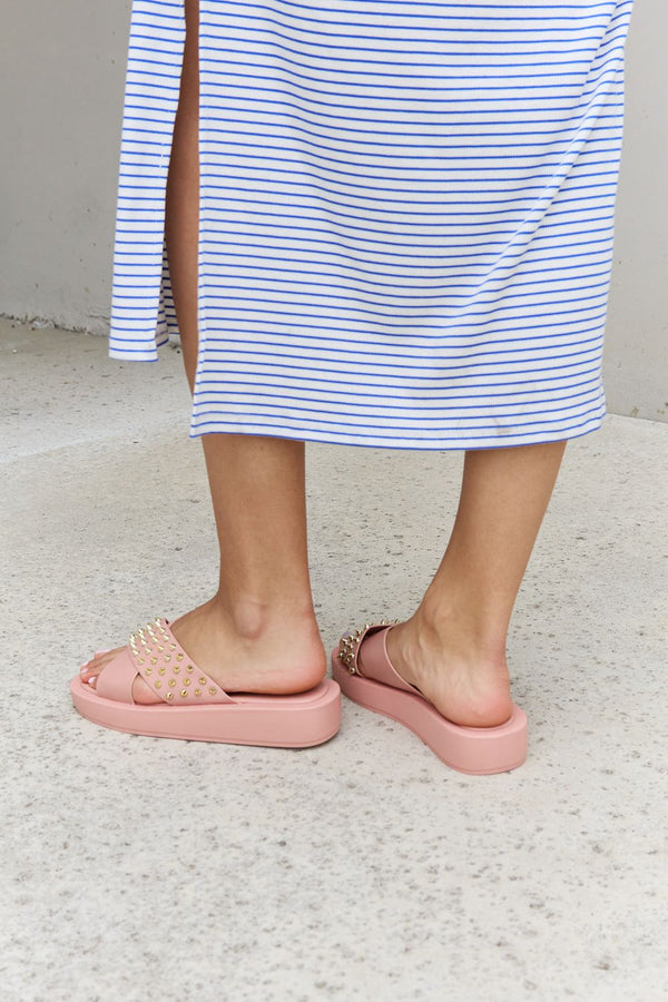 Forever Link Studded Cross Strap Sandals in Blush-Teresa's Fashionista LLC