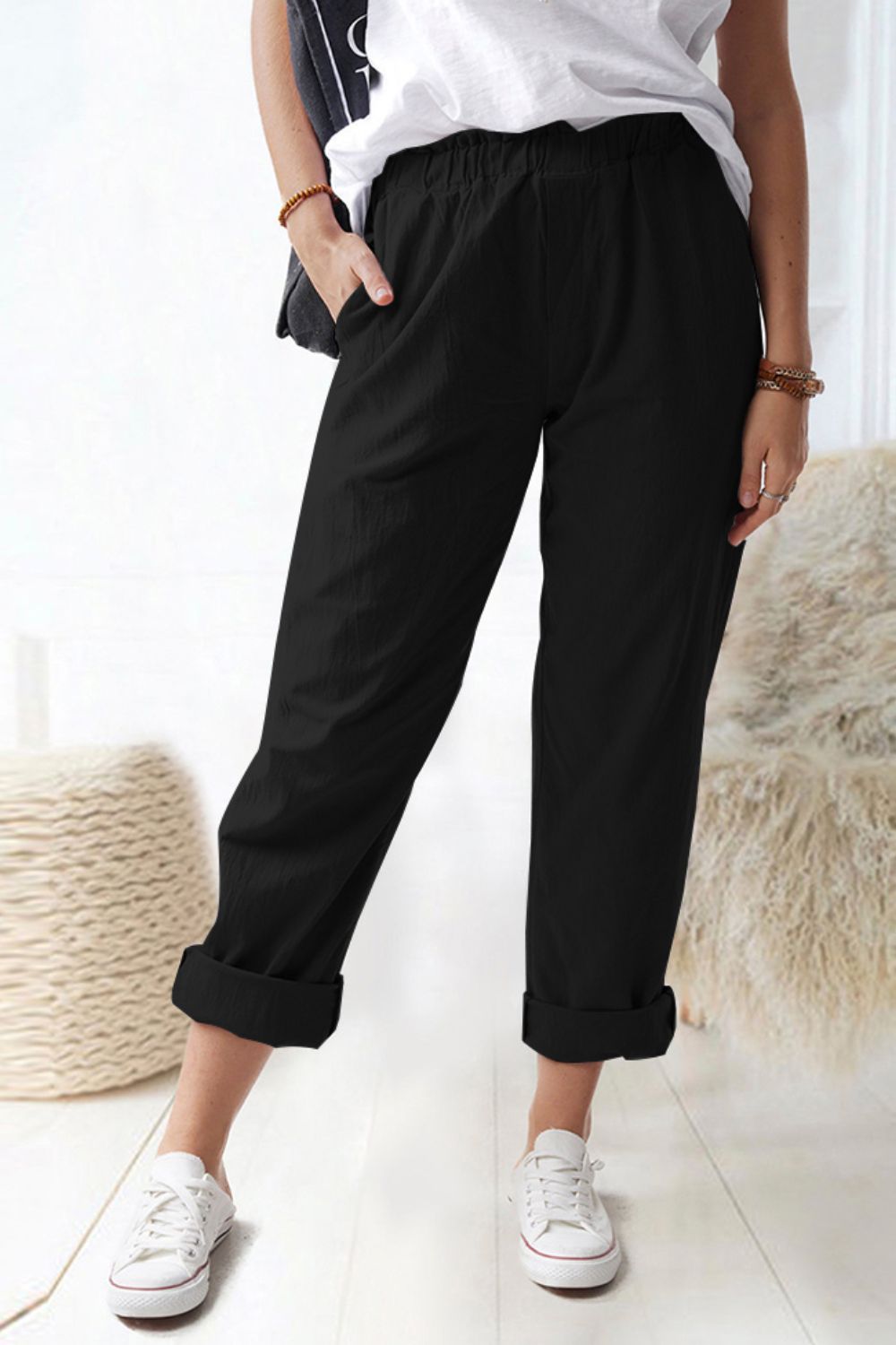 Paperbag Waist Pull-On Pants with Pockets-Teresa's Fashionista LLC