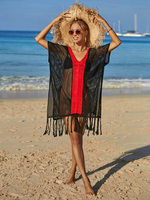Contrast Fringe Trim Openwork Cover-Up Dress-Teresa's Fashionista LLC