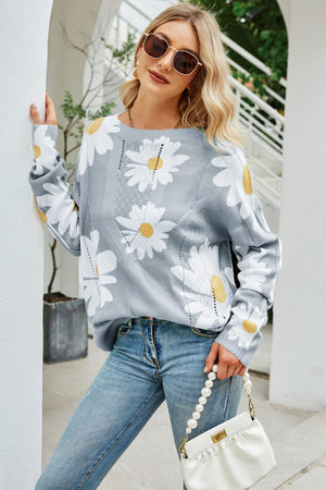Daisy Print Openwork Round Neck Sweater-Teresa's Fashionista LLC