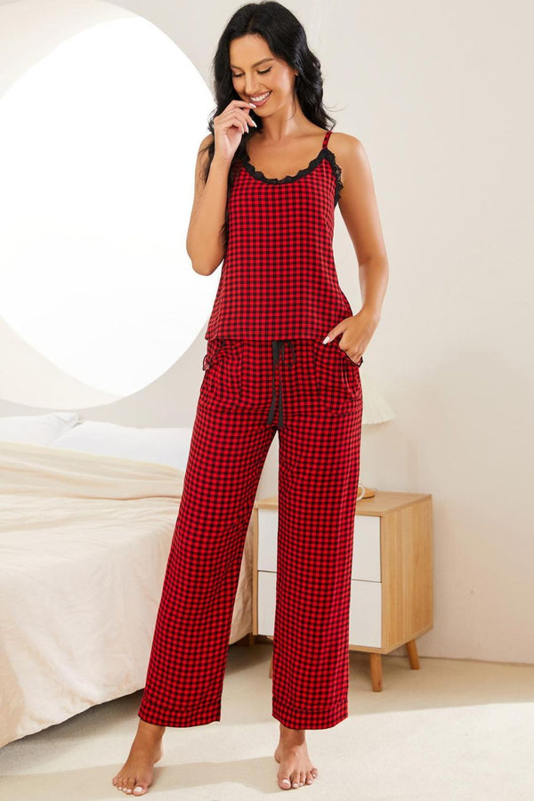 Plaid Lace Trim Cami and Drawstring Pants Pajama Set-Teresa's Fashionista LLC