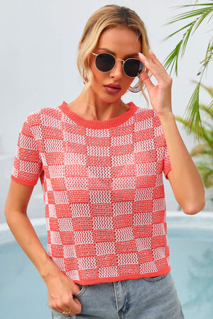 Checkered Short Sleeve Knit Top-Teresa's Fashionista LLC