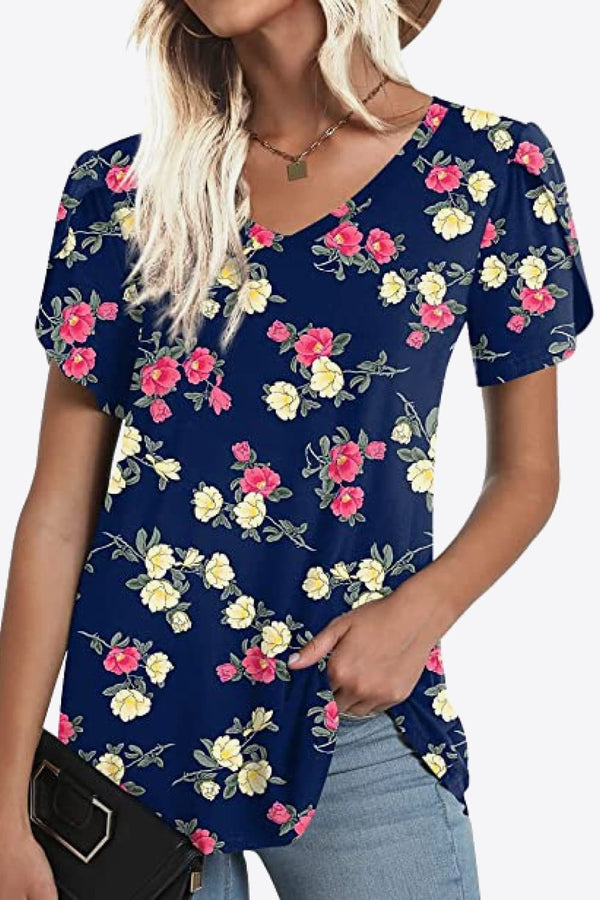 Printed Petal Sleeve V-Neck Blouse-Teresa's Fashionista LLC