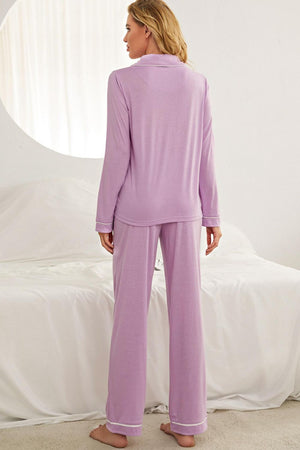 Contrast Piping Button Down Top and Pants Loungewear Set-Teresa's Fashionista LLC