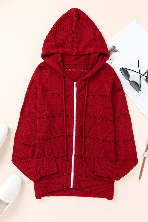 Zip-Up Raglan Sleeve Openwork Hooded Cardigan-Teresa's Fashionista LLC