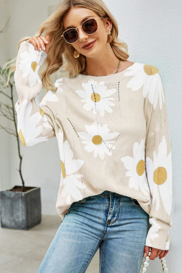 Daisy Print Openwork Round Neck Sweater-Teresa's Fashionista LLC