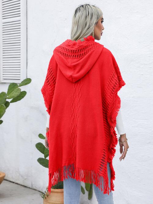 Fringe Trim Buttoned Hooded Poncho-Teresa's Fashionista LLC