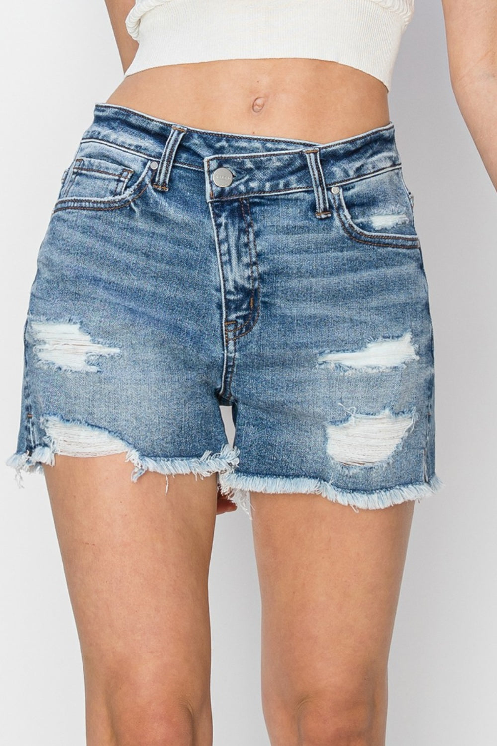 RISEN Stepped Waist Frayed Denim Shorts-Teresa's Fashionista LLC