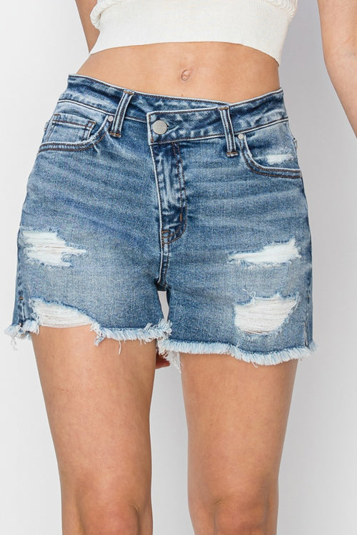RISEN Stepped Waist Frayed Denim Shorts-Teresa's Fashionista LLC