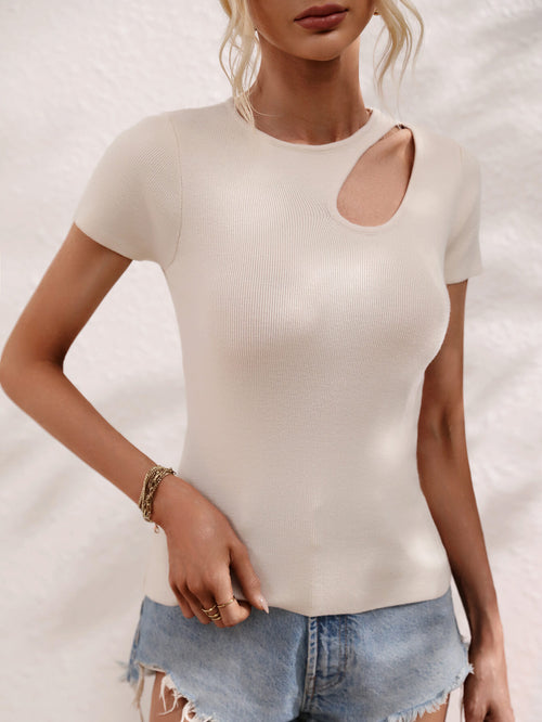 Cutout Round Neck Short Sleeve Knit Top-Teresa's Fashionista LLC
