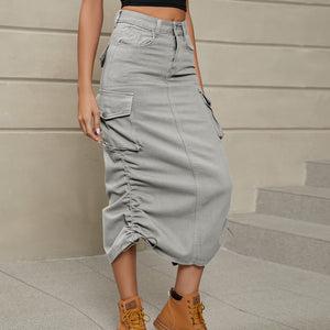 Drawstring Ruched Slit Denim Midi Skirt-Teresa's Fashionista LLC