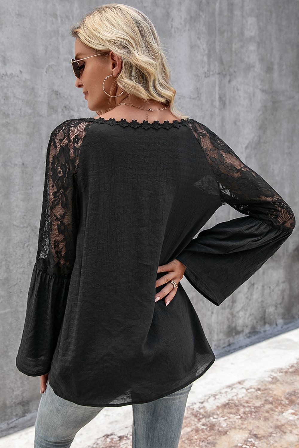 V-Neck Spliced Lace Flare Sleeve Top-Teresa's Fashionista LLC