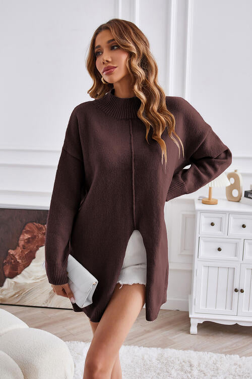 Exposed Seam Mock Neck Slit Sweater-Teresa&#39;s Fashionista LLC