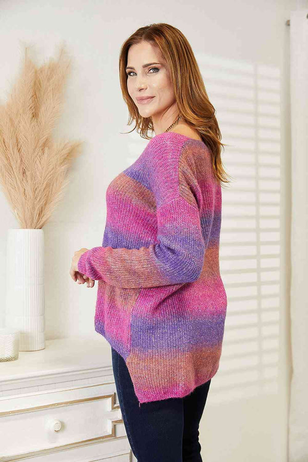 Double Take Multicolored Rib-Knit V-Neck Knit Pullover-Teresa's Fashionista LLC