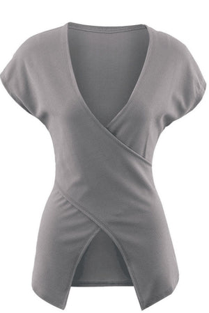 Ribbed Surplice Neck Slit Top-Teresa's Fashionista LLC