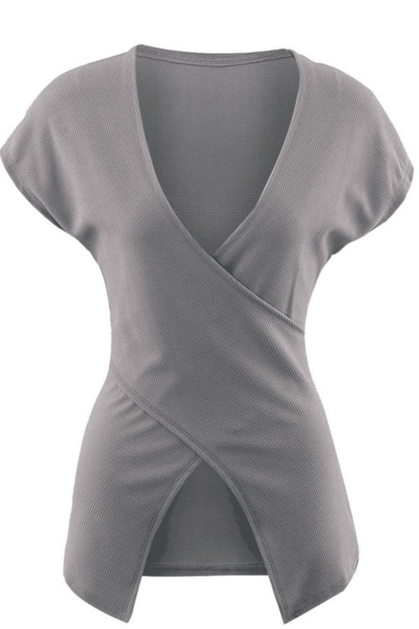 Ribbed Surplice Neck Slit Top-Teresa's Fashionista LLC