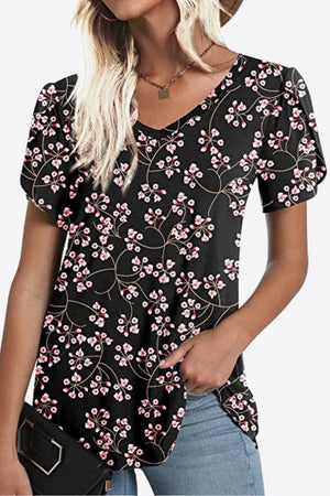 Printed Petal Sleeve V-Neck Blouse-Teresa's Fashionista LLC