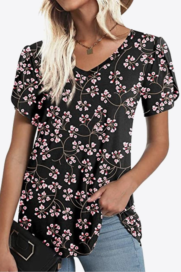 Printed Petal Sleeve V-Neck Blouse-Teresa's Fashionista LLC