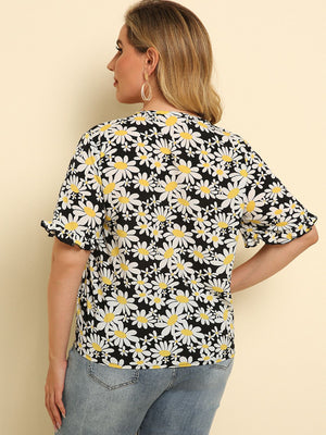 Plus Size Floral Round Neck Tie Hem Blouse-Teresa's Fashionista LLC