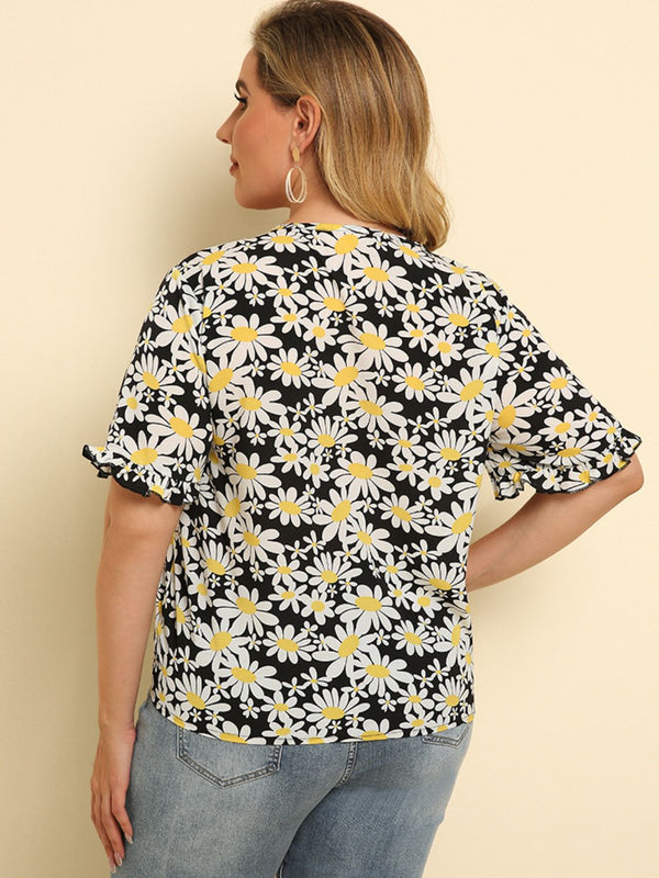 Plus Size Floral Round Neck Tie Hem Blouse-Teresa's Fashionista LLC
