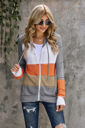 Zip-Up Raglan Sleeve Openwork Hooded Cardigan-Teresa's Fashionista LLC