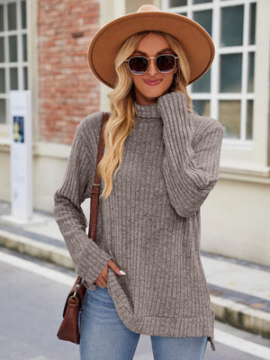 Ribbed Turtleneck Long Sleeve Slit Knit Top-Teresa's Fashionista LLC