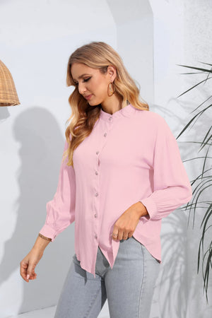 Mock Neck Buttoned Long Sleeve Shirt-Teresa's Fashionista LLC