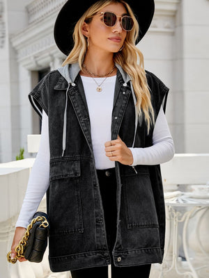 Hooded Sleeveless Denim Top with Pockets-Teresa's Fashionista LLC