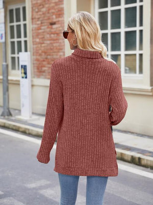 Ribbed Turtleneck Long Sleeve Slit Knit Top-Teresa's Fashionista LLC
