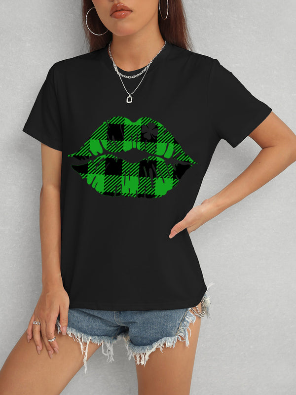 Plaid Lip Graphic Round Neck T-Shirt-Teresa's Fashionista LLC