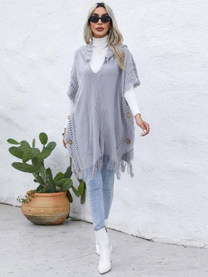 Fringe Trim Buttoned Hooded Poncho-Teresa's Fashionista LLC