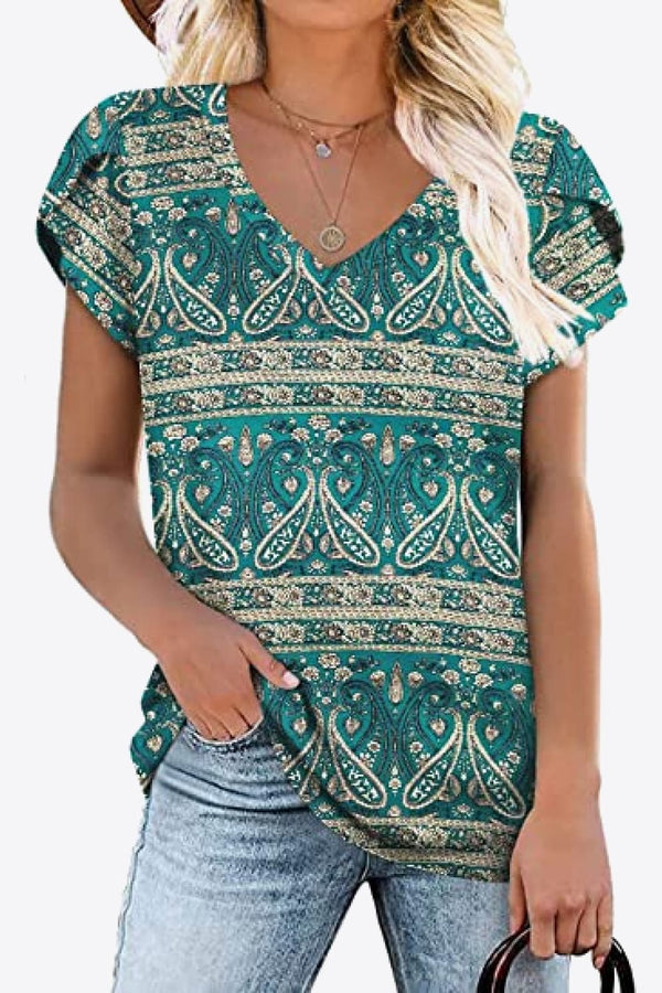 Printed Petal Sleeve V-Neck Blouse-Teresa's Fashionista LLC