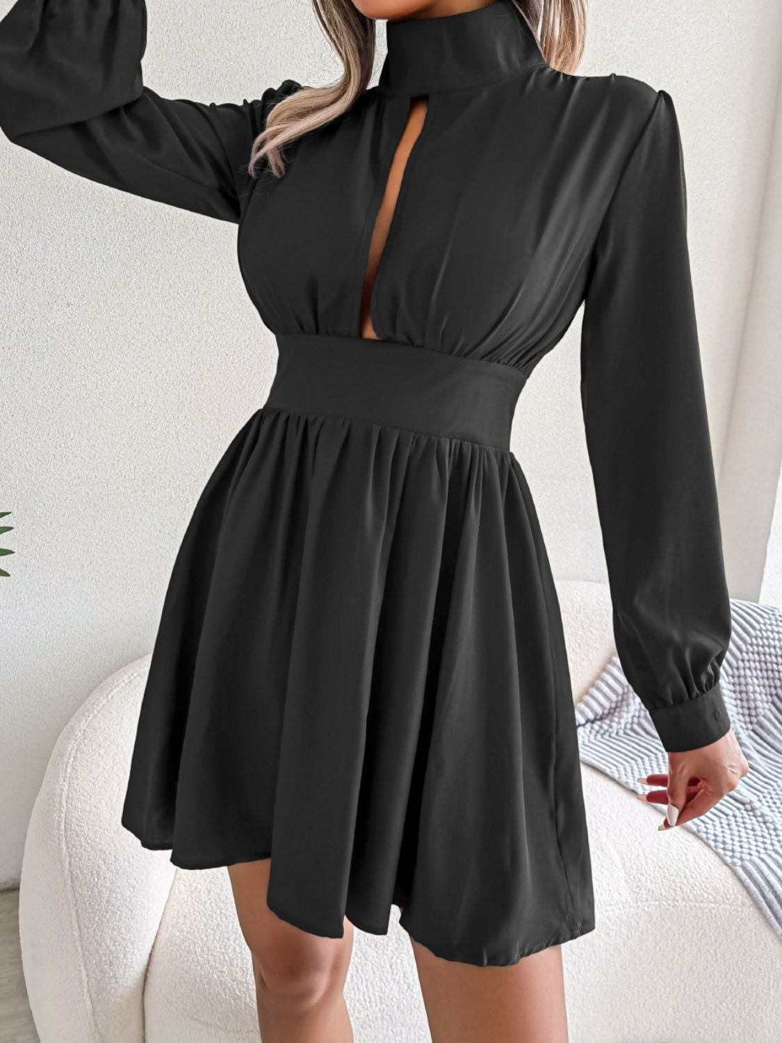Cutout Turtleneck A-Line Mini Dress, long sleeves, keyhole neckline, solid black, casual style.