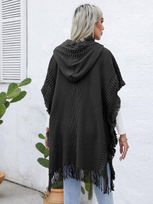 Fringe Trim Buttoned Hooded Poncho-Teresa's Fashionista LLC