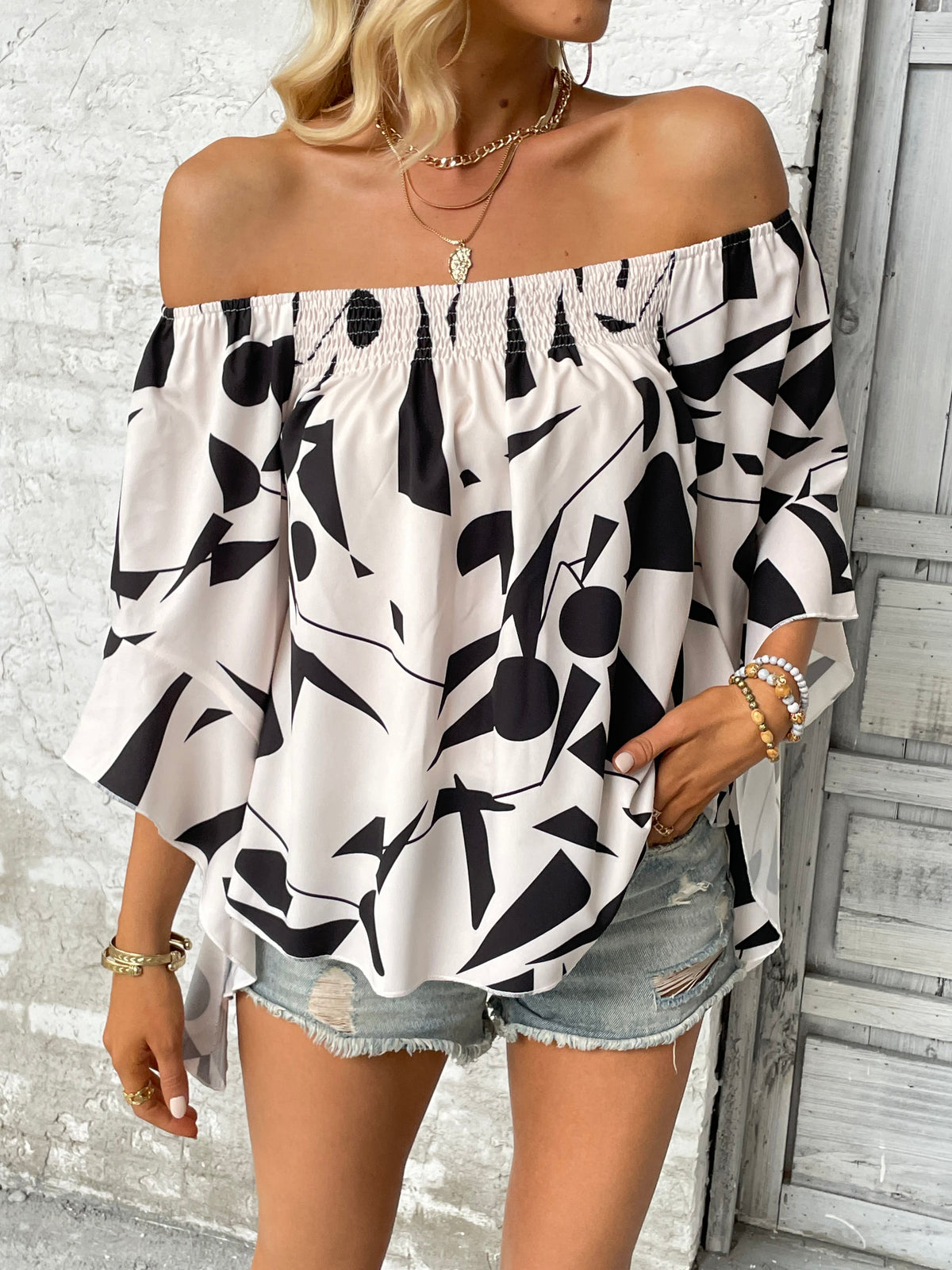 Printed Off-Shoulder Bell Sleeve Blouse-Teresa&#39;s Fashionista LLC